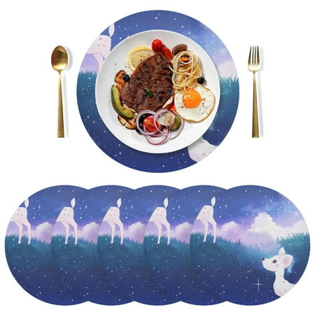 

Round Placemats Plate Mats 15 Inch Non-Slip Heat Resistant Washable PVC Set Table Decoration for Kitchen Dining Cute White Deer