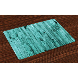 Turquoise folding wood placemats : 12 x 18 - hand stained, shimmering gloss  finish, silver metallic accents, felt backing