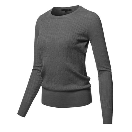 - FashionOutfit Women's Solid Long Sleeve Round Neck Cable Knit Sweater