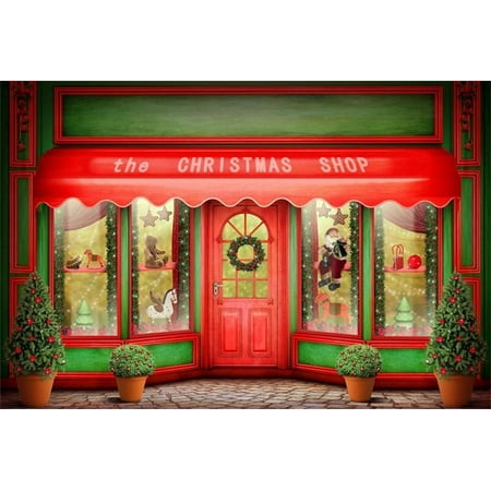 MOHome Polyster 7x5ft Photography Background the Christmas Shop Front Door Bonsai Plants Wreath Garland Embellishment Horse Bear Santa Claus Happy Night Scene Red House Video Studio