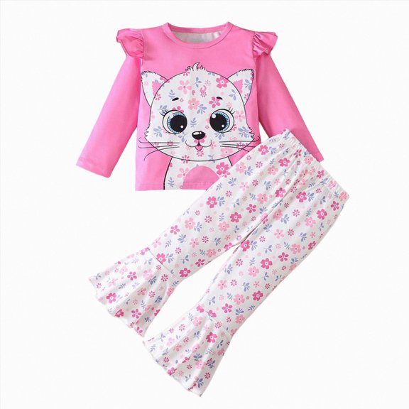 mgoYE 2Pcs Toddler Girl Clothes Girls Outfits Floral Prints Top Flared Pants 2 4 5 6 8T Fall Winter Girl Clothing Set(Red,4-5 Years)