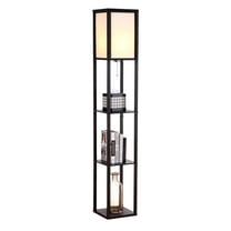 Brightech Maxwell - LED Shelf Floor Lamp - Modern Standing Light for Living Rooms & Bedrooms - Asian Wooden Frame with Display Shelves - Black
