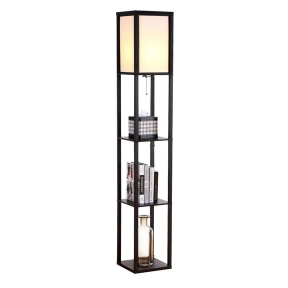 Brightech Maxwell - LED Shelf Floor Lamp - Modern Standing Light for Living Rooms & Bedrooms - Asian Wooden Frame with Display Shelves - Black
