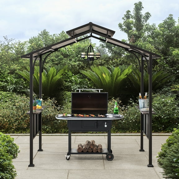 Sunjoy 5 ft. x 8 ft. Outdoor Grill Gazebo Brown 2-Tier Steel Hardtop Small Gazebo with Hook and Shelves