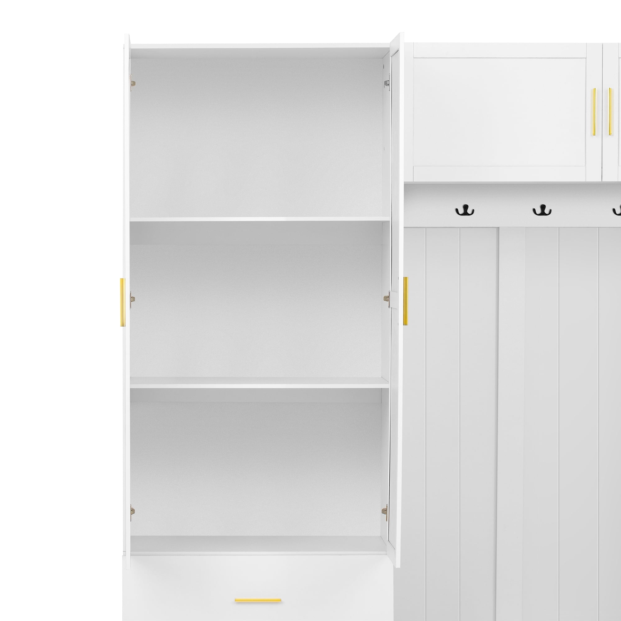 T-Foyer Modern White 4-in-1 Hall Tree with 4 Hooks, Padded Bench & Cabinets, Wooden Rustic Entryway Organizer with Open Storage & 3 Drawers