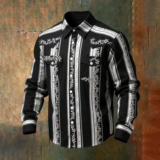 Ceisia Men's Loose Fit Vintage Vine Stripe Print Long Sleeve Cotton Shirt Black S Gifts