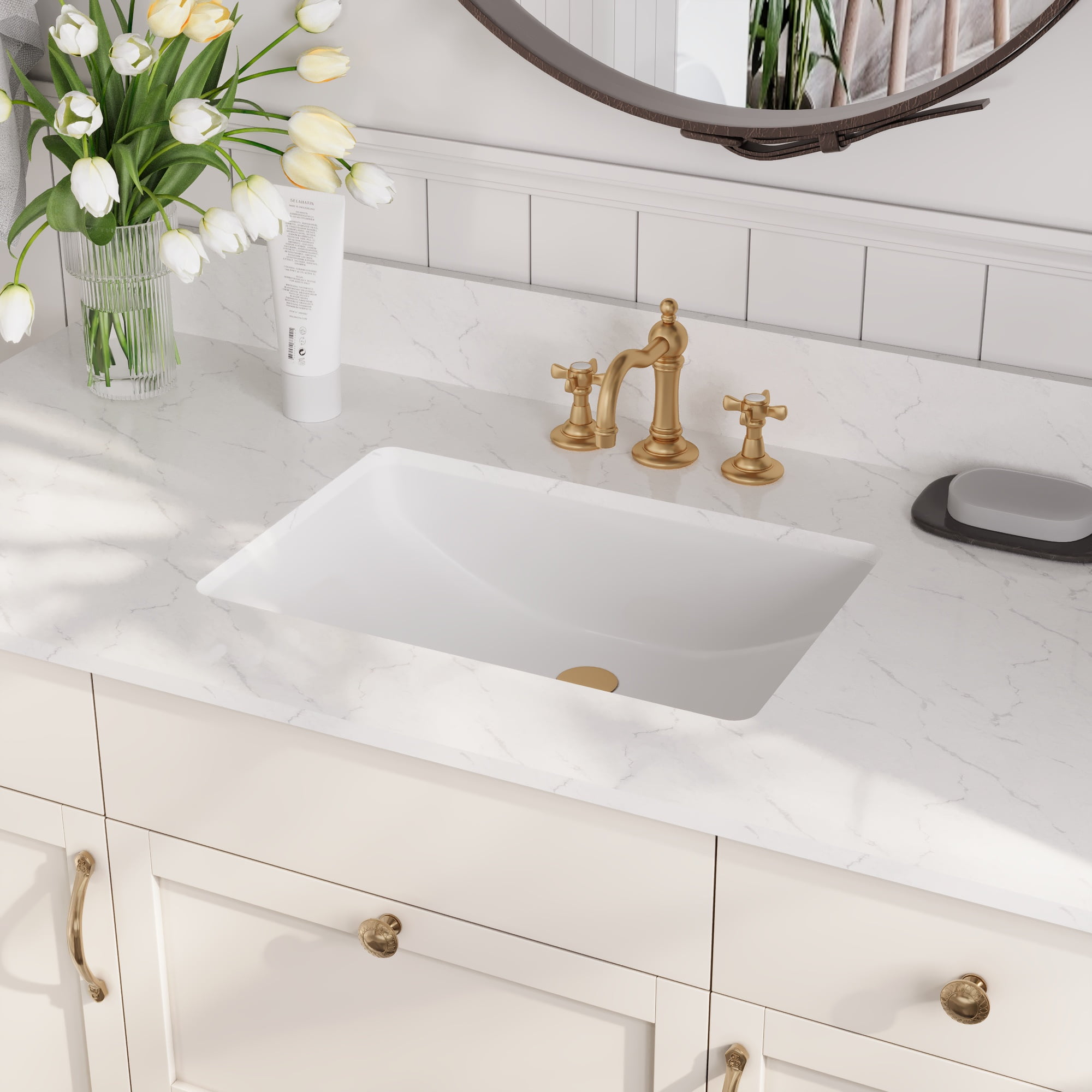 48.8" X 22" Engineered Stone Single Bathroom Vanity Top with Ceramic Sink, Three Faucet Holes