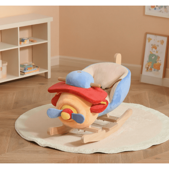 Kids Rocking Horse, Wooden Plush Ride-on Plane Chair Toy