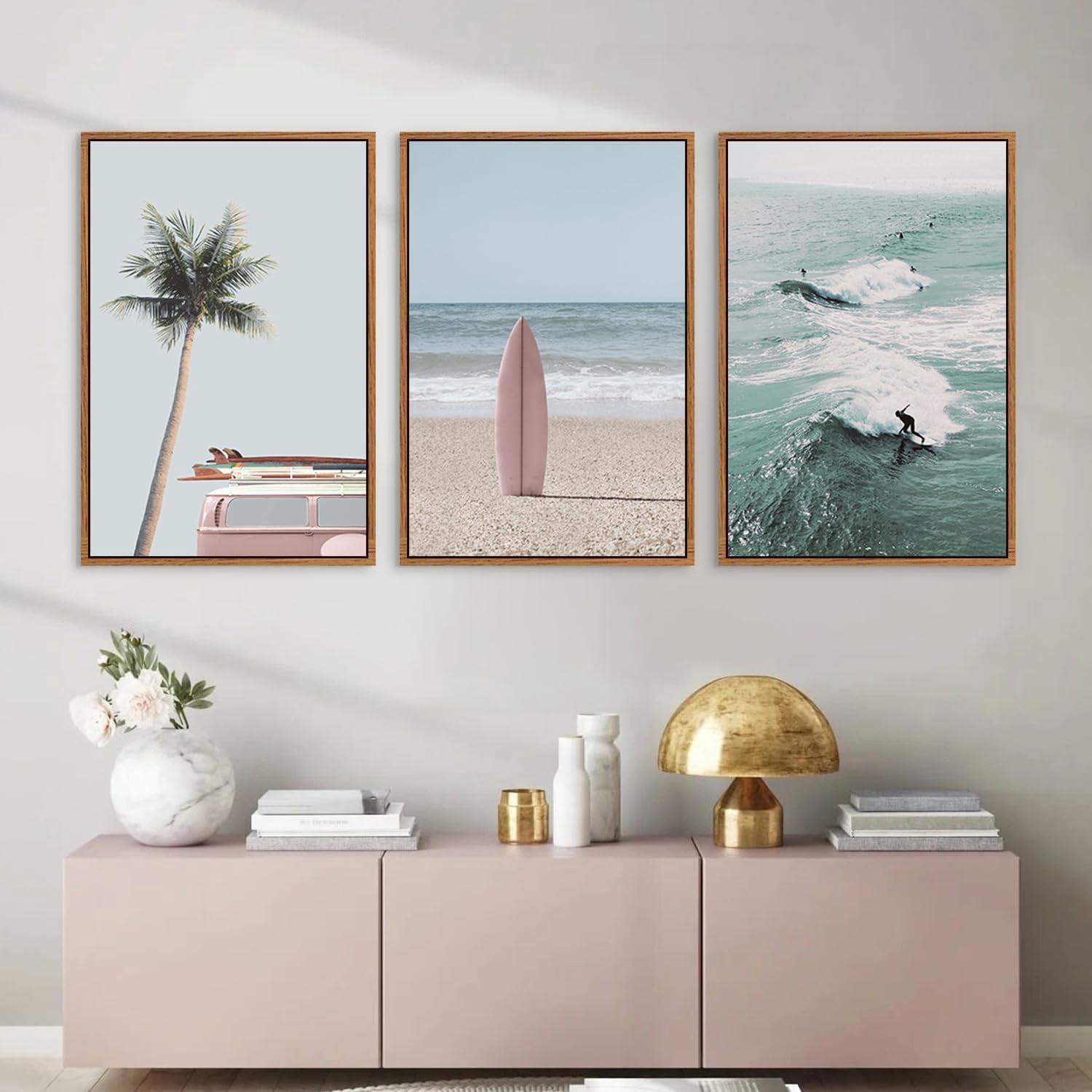 Beach Framed Canvas Wall Art Set, Palm Tree Surfboard Seascape Wall Decor, Ocean Surfing Wall Painting, Coastal Art Print for Living Room, Bedroom, Dining Room, Bathroom - Large Size 16"x24"x3