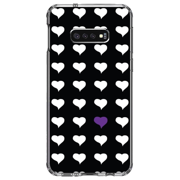 DistinctInk Clear Shockproof Hybrid Case for Samsung Galaxy S10e (5.8" Screen) - TPU Bumper, Acrylic Back, Tempered Glass Screen Protector - Purple White Black Repeating Hearts