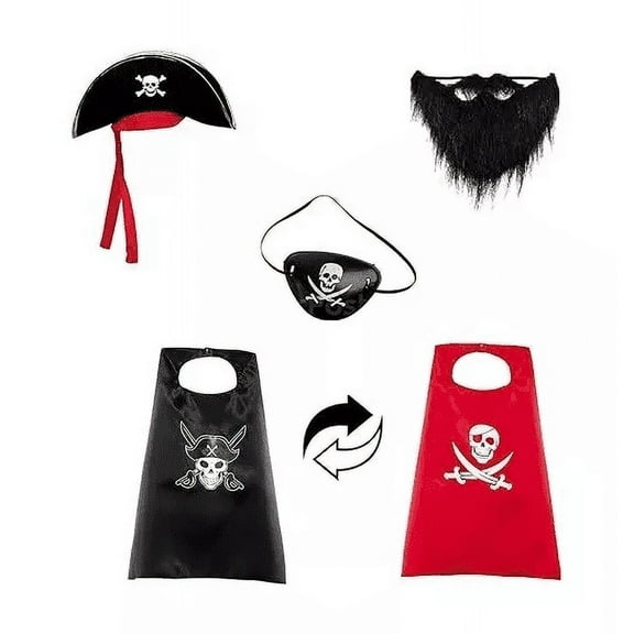 Reversible Pirate Costume for Kids - Complete Set with Cloak and Accessories: Cape, Hat, Beard, Skull Eye Patch - Perfect for Cosplay, Role Play, Birthdays, Pirate Parties, Halloween, and New