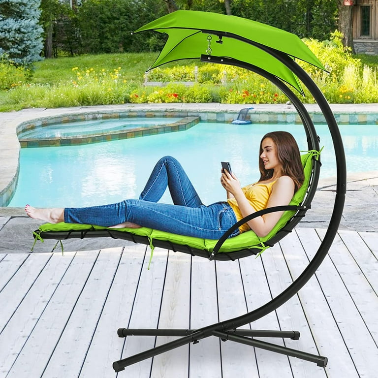 NiamVelo Hanging Chaise Lounger Chair Floating Arc Stand Air Porch Stand Hammock Patio Swing Chair with Built in Pillow Removable Canopy Green Walmart