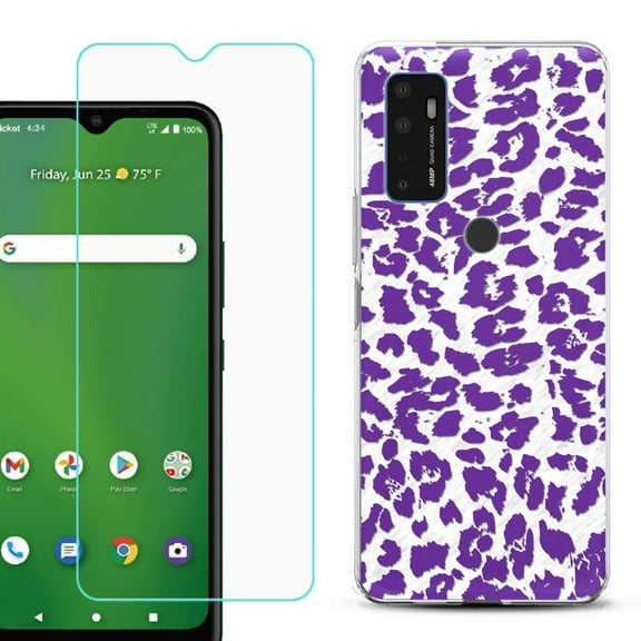 Shockproof Bumper Phone Case for AT&T Radiant Max 5G / Fusion 5G, with Tempered Glass Screen Protector, by OneToughShield ® - Cheetah Purple