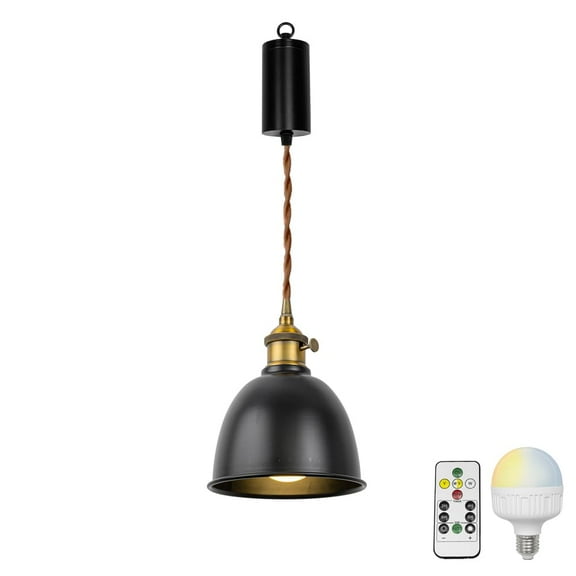 KAYYELAMP Hanging Light Rechargeable Battery LED Remote Dimmable Black Shade Gold Base with Switch 3.2Ft Adjusted Cord Vintage Pendant Light for Home Kitchen Bedside