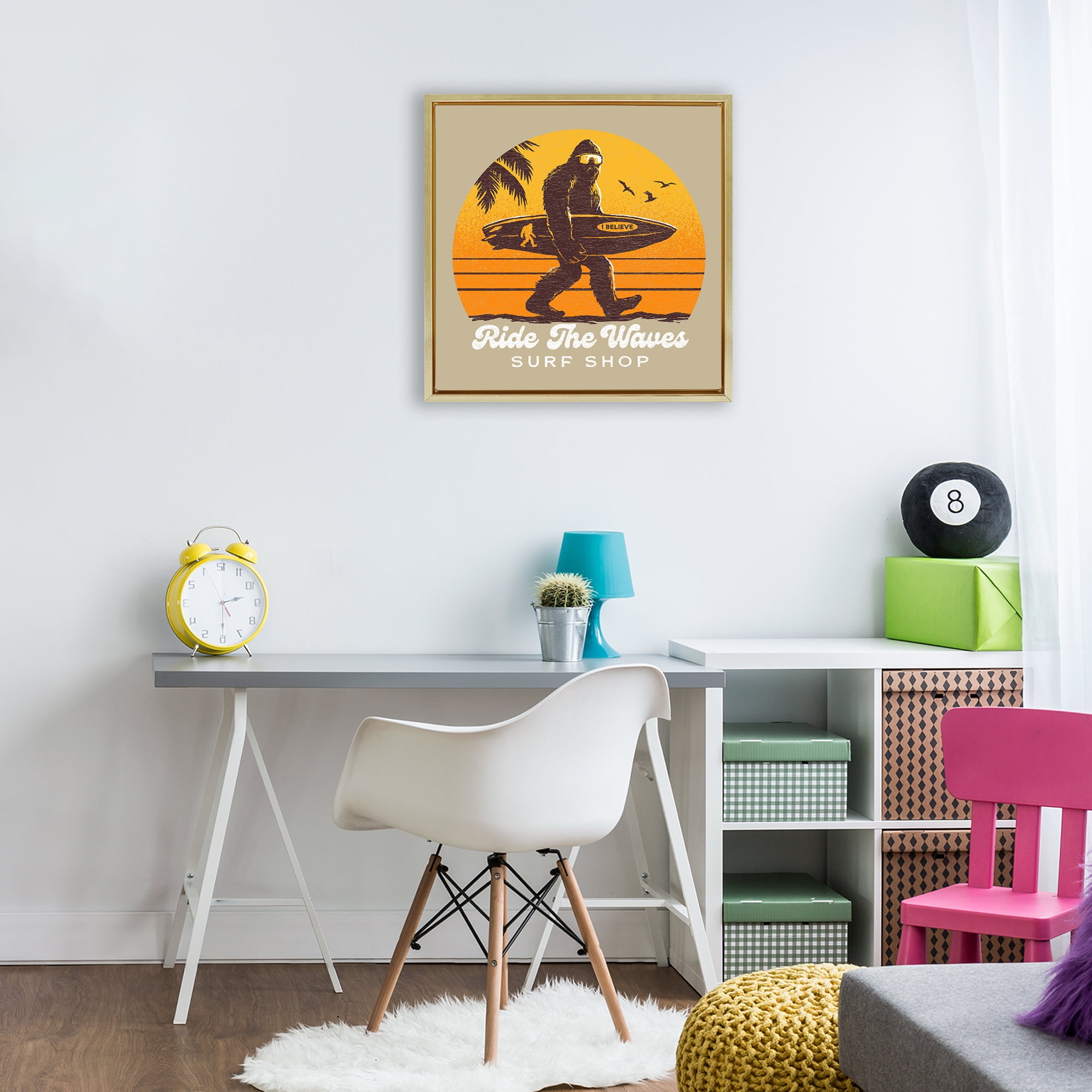 Ride The Waves Surf Shop Gold Framed Floater Canvas Wall Art, design by Jedco Brands Inc.
