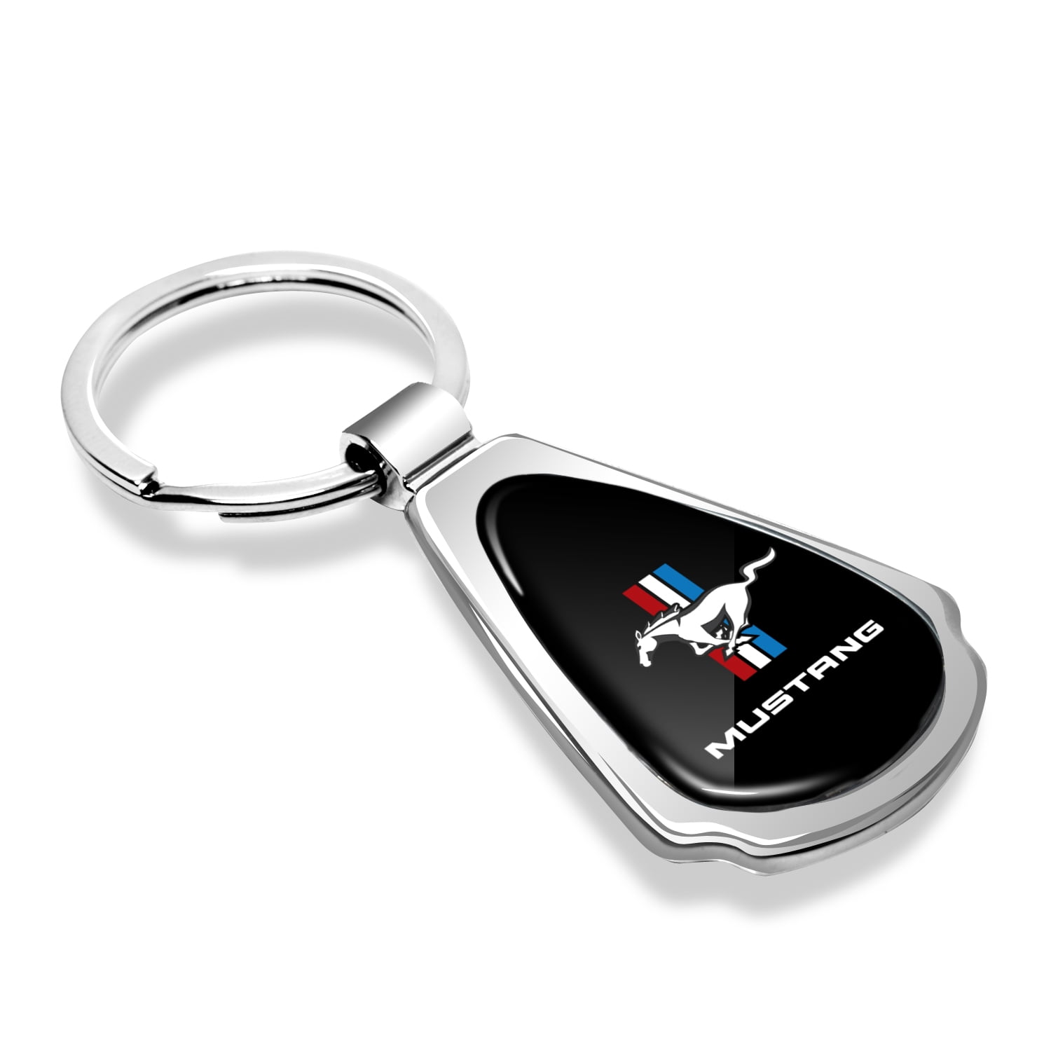 Ford Mustang Tri-Bar Black Dome Chrome Metal Teardrop Key Chain
