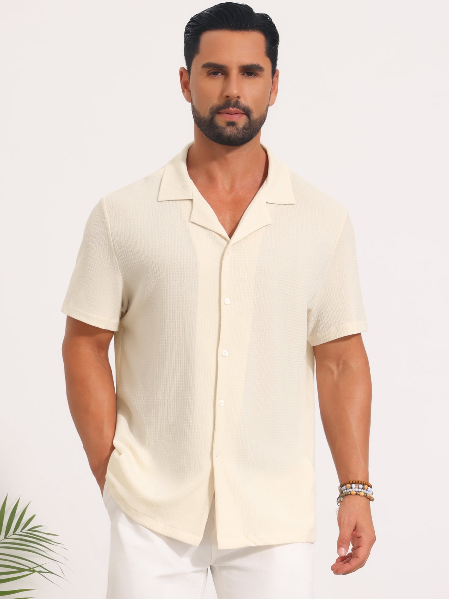 DARING DIVA Men's Mesh Camp Collar Short Sleeve Button Down Shirt for Summer 2XL Beige