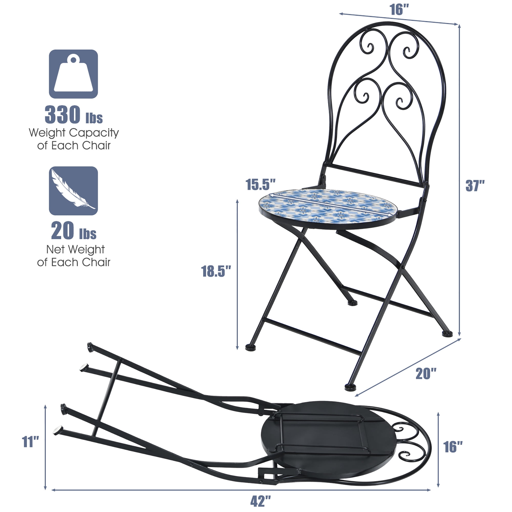 Costway 2PCS Patio Folding Mosaic Bistro Chairs Blue Flower Pattern Seat Garden