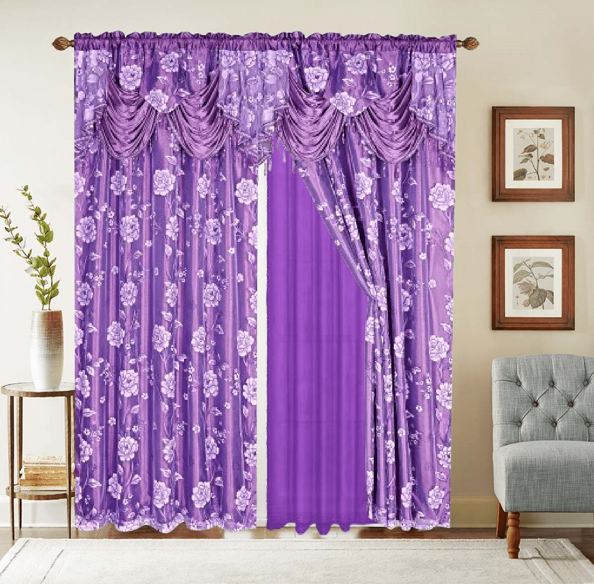 2 Piece Daniela Printed Flowers Luxury Jacquard Attached Valance with Long Crystals Beads and Tassels Window Curtain (54 inches wide x 84 inches long)