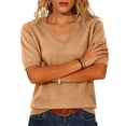 thumbnail image 5 of Women's Sweaters Casual V Neck Short Sleeve Knit Summer Pullover Sweater Tops Camel 2XL, 5 of 5