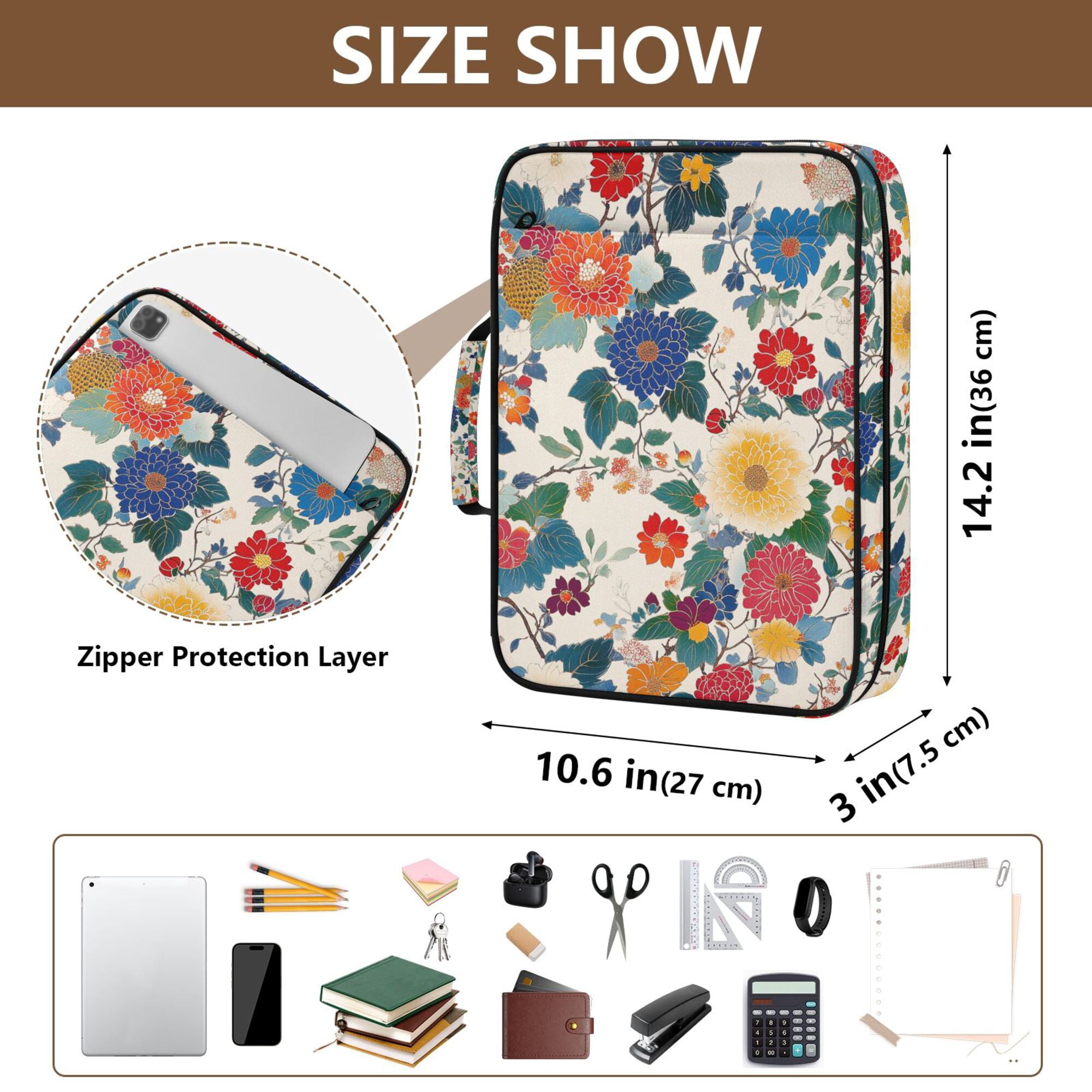 FORMRS Accordion File Folder A4 Size 7-Pocket Expanding Document Organizer Bag with 3 Ring Binder, Red Japanese Floral Pattern