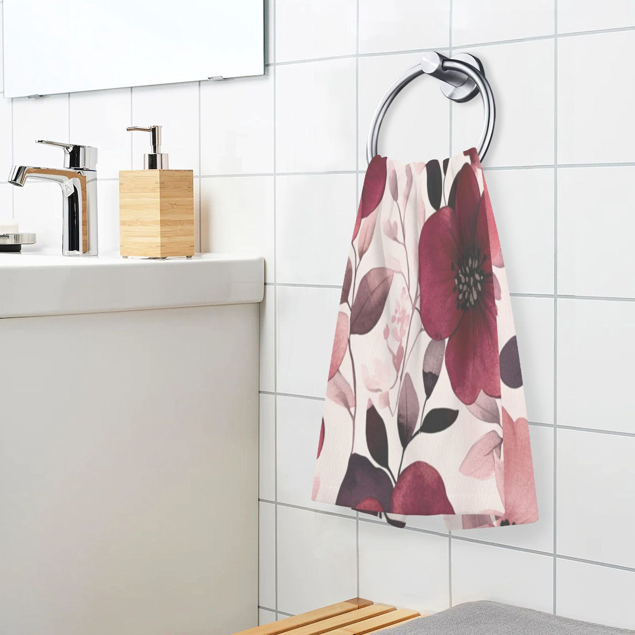Cotton Towel Two-Piece 16x28 Inch One Sizex2 Face Towel Set Towel Set Cotton Hand Bath Towel Bathroom Beach Maroon Flowers