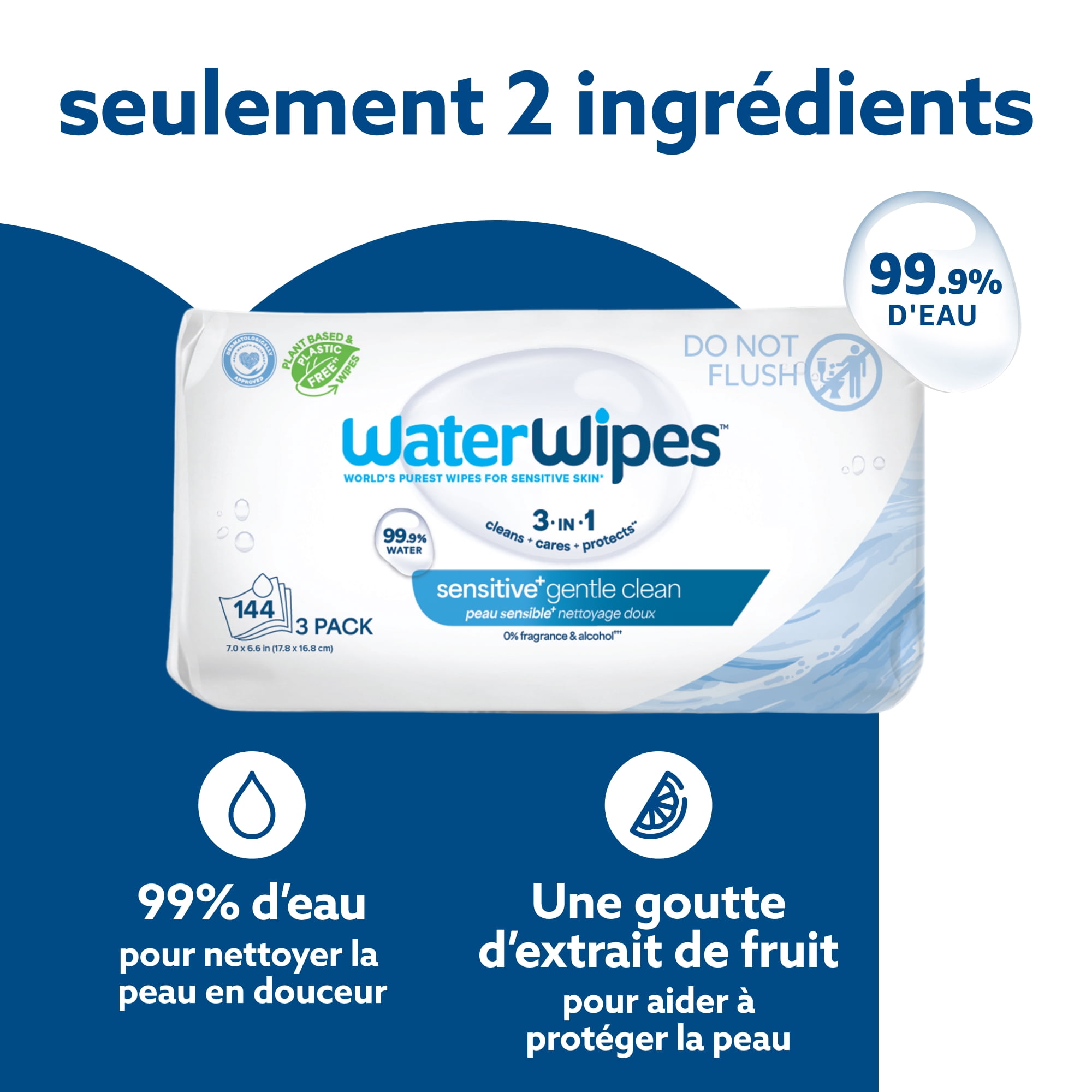 WaterWipes Sensitive+ Gentle Clean Wipes, 3-en-1 nettoie, soigne, protège, 99,9 % d'eau, non parfumées