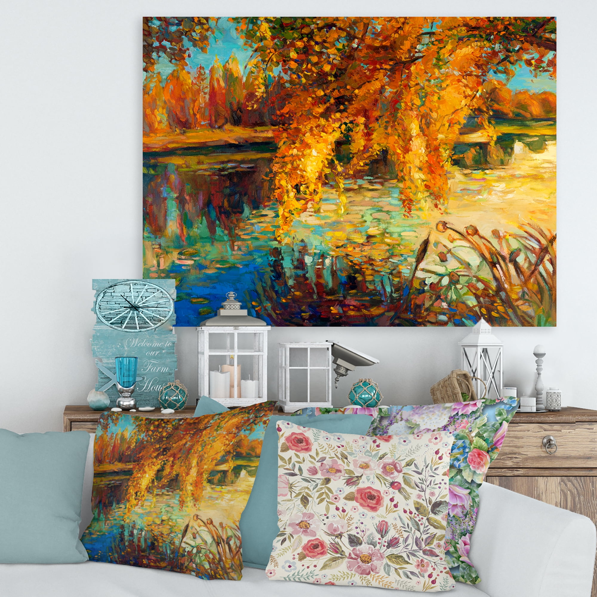 Designart ' Orange Autumn Forest Reflects On River ' Lake House Canvas Wall Art Print
