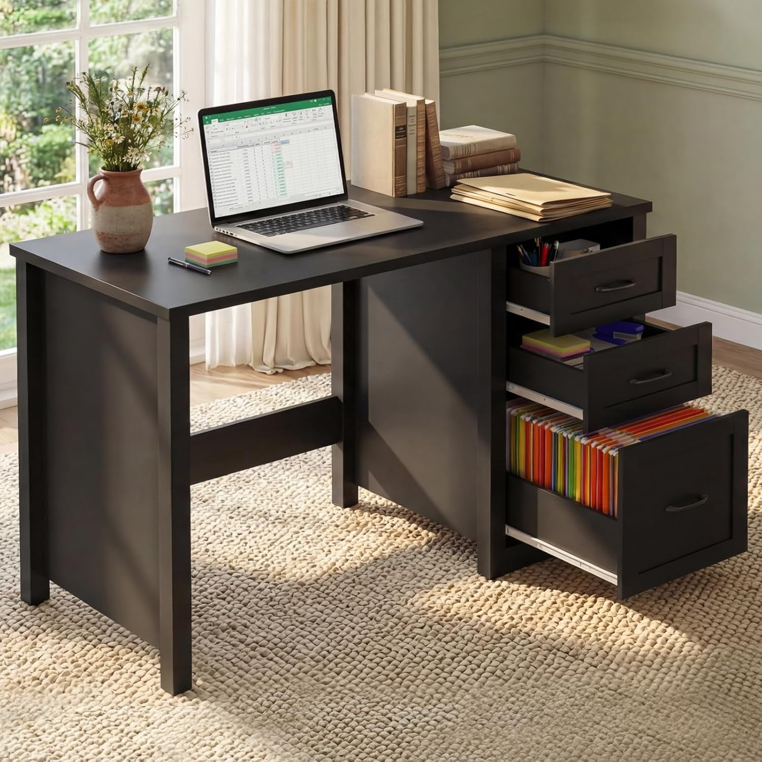 47-Inch Farmhouse Executive Desk with File Drawer and 2 Storage Drawers, Black Computer Workstation for Home Office
