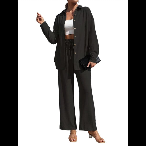 Traje de Verano para Mujer, de Dos Piezas, con Camisa, Pantalones y Ropa Deportiva Informal para Playa y Vacaciones Negro L