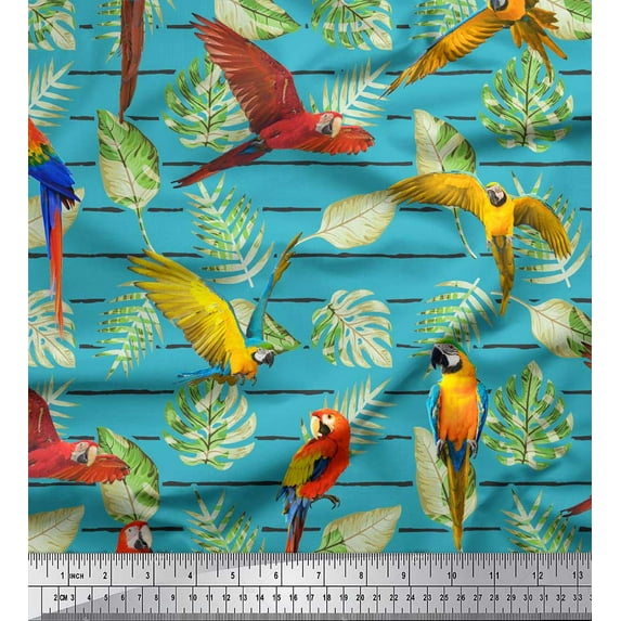 Soimoi Blue Rayon Fabric Tropical Leaves & Bird Fabric Prints By Yard 58 Inch Wide