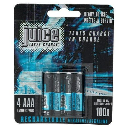 Juice Rechargeable Alkaline Batteries, Size AAA, 4-Count Packages (Pack of