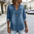 thumbnail image 4 of Miqool Women's Washed Denim Tunic Tops 3/4 Sleeve V-Neck Loose Fit Jean Blouse Casual Roll-Up Sleeve Everyday Shirts, 4 of 9