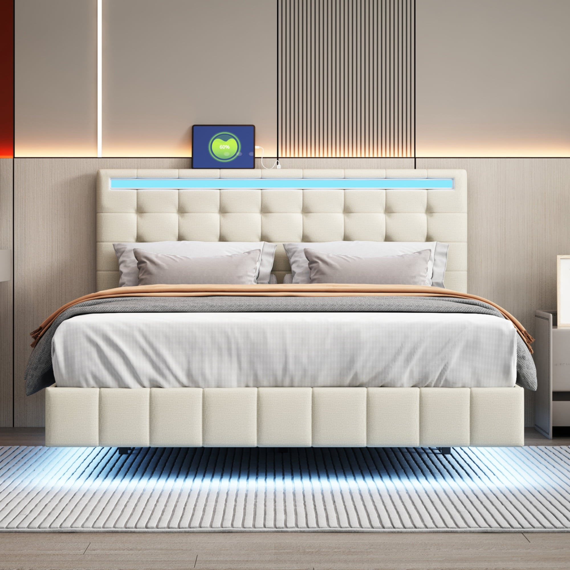 Sesslife Floating Bed Frame with LED Lights, Modern Upholstered