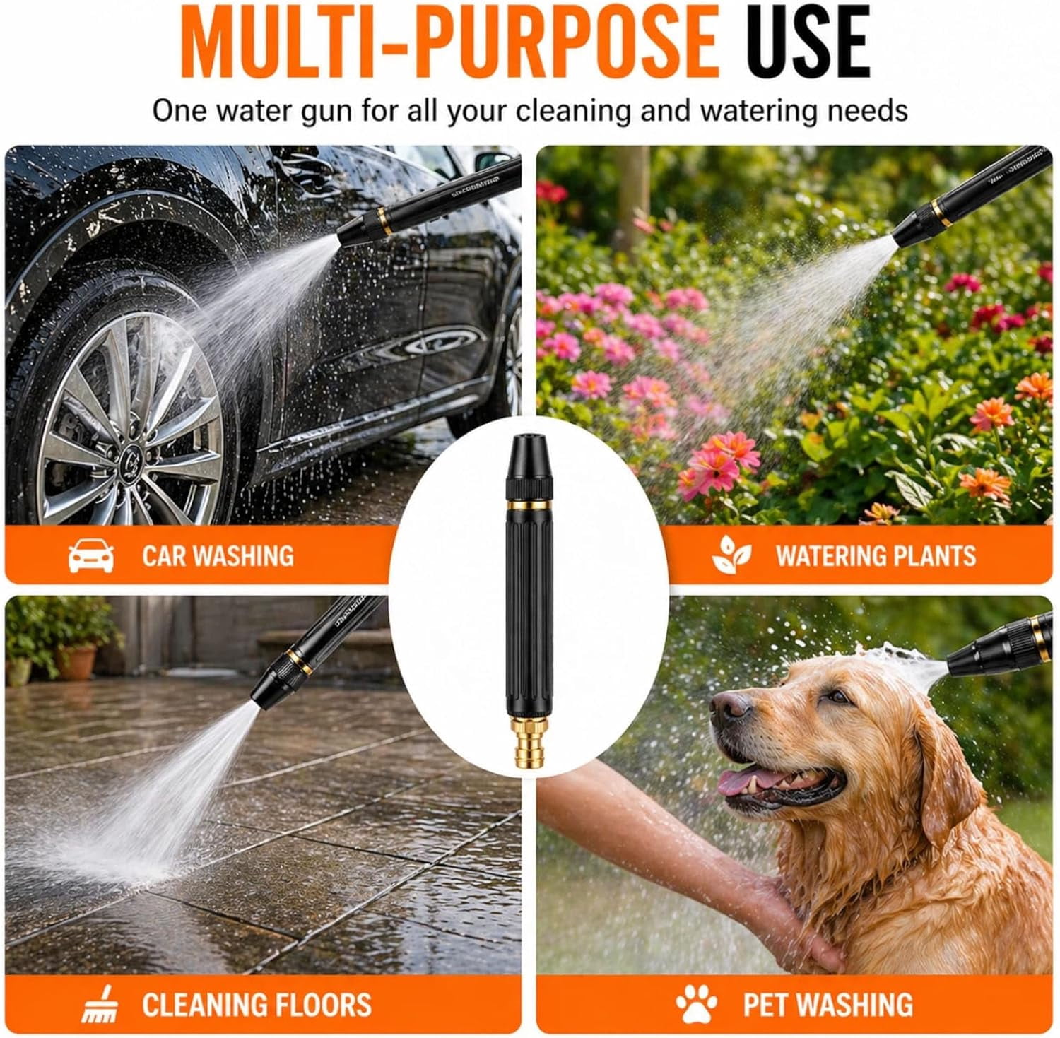 High Pressure Water Spray Gun for Garden Hose, Car Wash Nozzle with Metal Connector for Outdoor Cleaning, 1 Gun with 5 Connectors