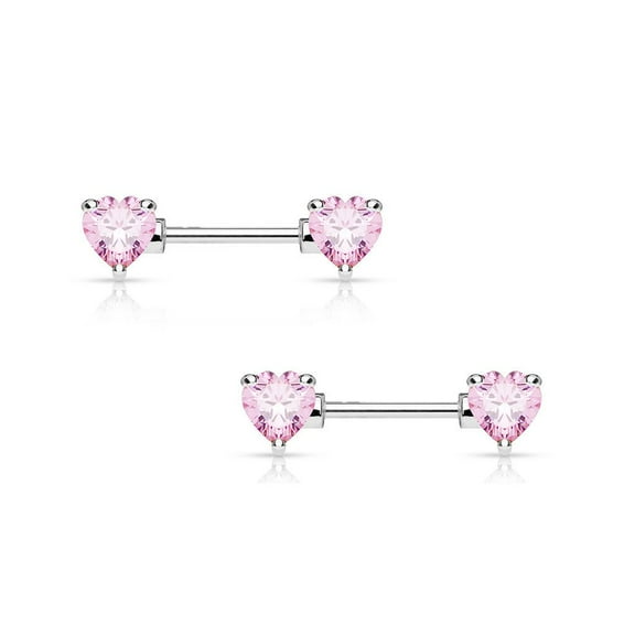 Pair of Nipple Barbells 14G Surgical Steel with Heart Shaped Prong Set CZ Gems