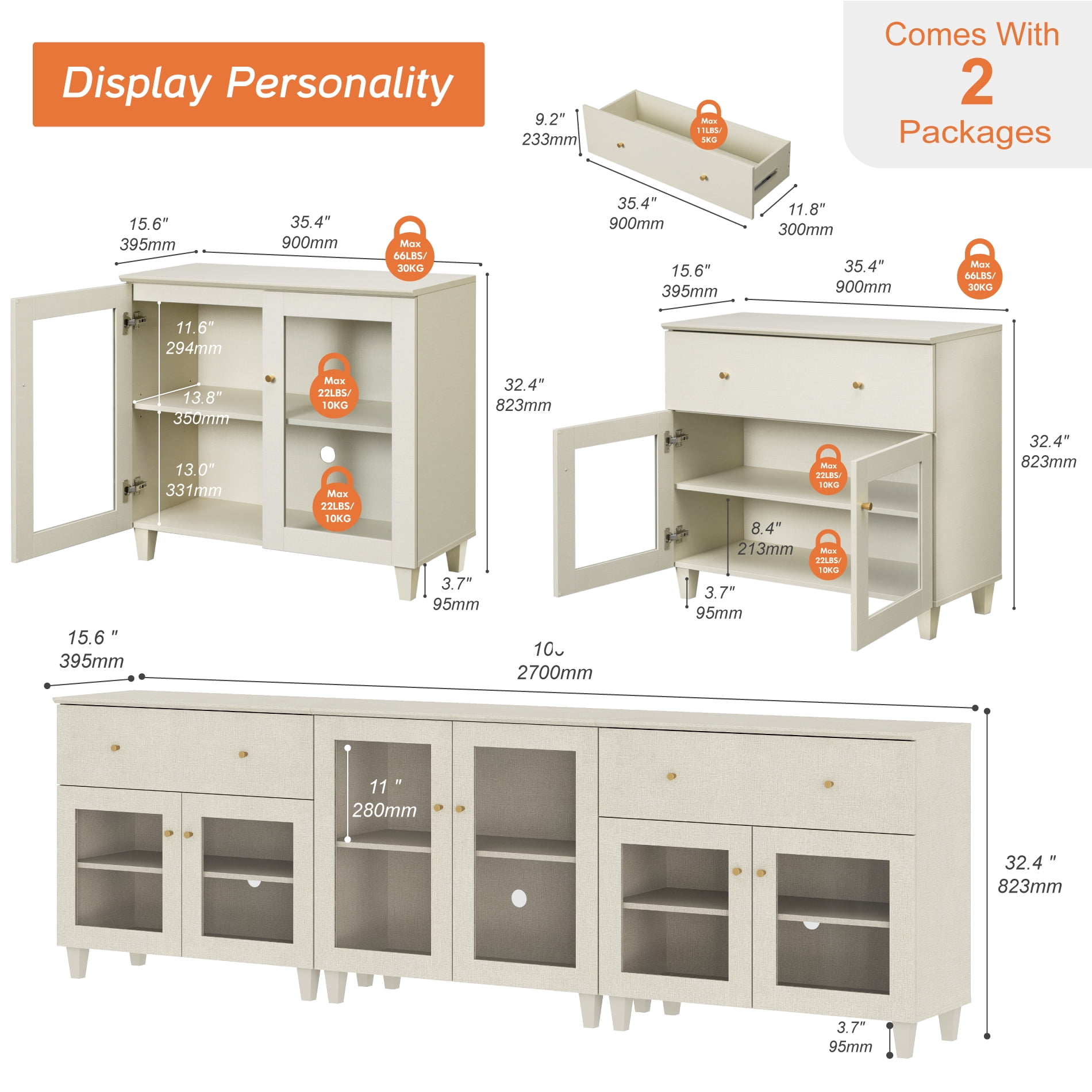 Modern Glass‑Door Combo Dresser, Bedroom Modular Organizer – 2 Wide Drawers, 1 Adjustable Shelf & 2 Fixed Shelves, Anti‑Tip, Beige, 106" W