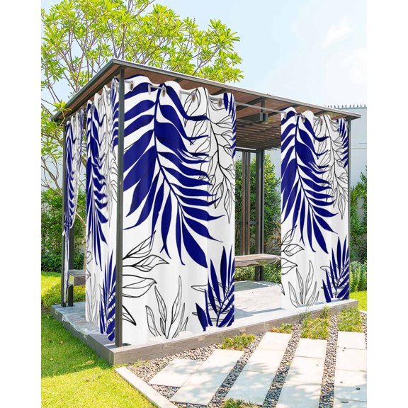 Blue Leaves Outdoor Curtains for Patio, Abstract Modern Geometric Lines Simple Art Privacy Drapes Grommet Waterproof Outside Curtains for Porch/Cabana/Balcony 54"x 84", 1 Panel