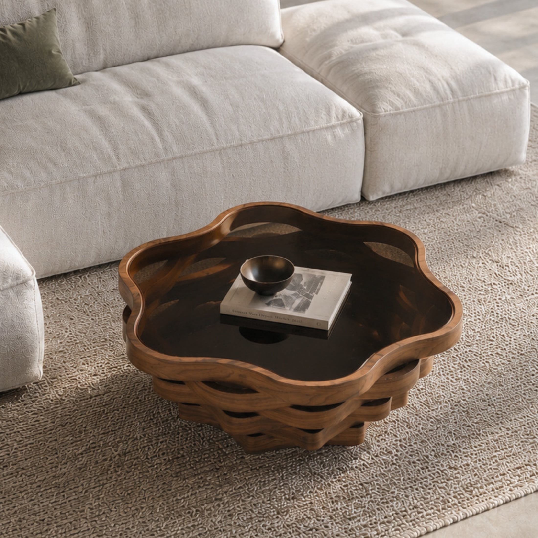 Noble House Derwin 35.83" Irregular Cloud-Shaped Coffee Table with Tempered Glass Top & Artistic Wave MDF Base, Walnut