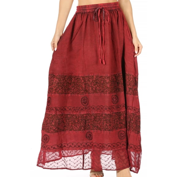 Sakkas Sandra Women's Casual Long Maxi Boho Gypsy Skirt Elastic Waist & Pockets - Cayenne - Plus Size