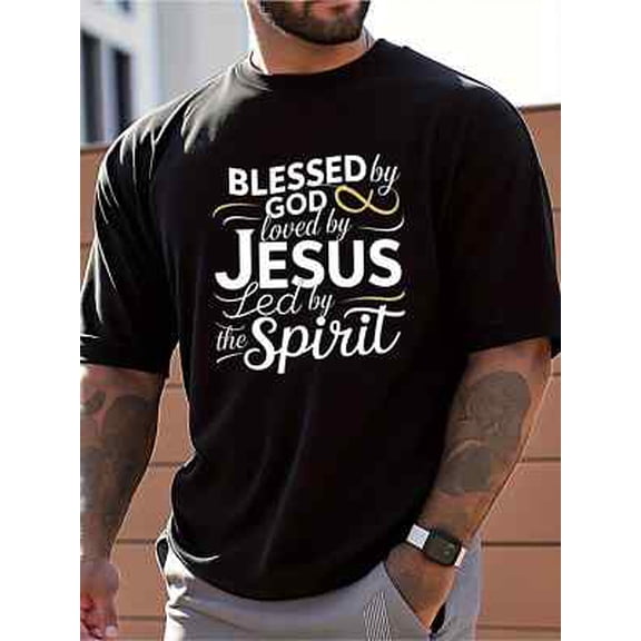 Velto Men's Religious Faith T-Shirt - "Blessed by God, Loved by Jesus, LED by the Spir All Size S-5XL