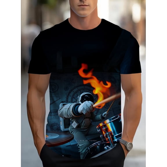 Men's Flame Drummer Printed T-Shirt - Lightweight Summer Crew Neck Short Sleeve T-Shirt with Drum Pattern, Comfortable Casual Edition, Suitable for Home, Restaurant and Leisure, Machine Washable