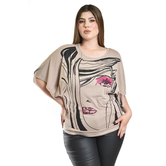 Blusa estampada con aplicaciones Roman Fashion /Tallas Extras, 8052 (Cafe) cafe 40