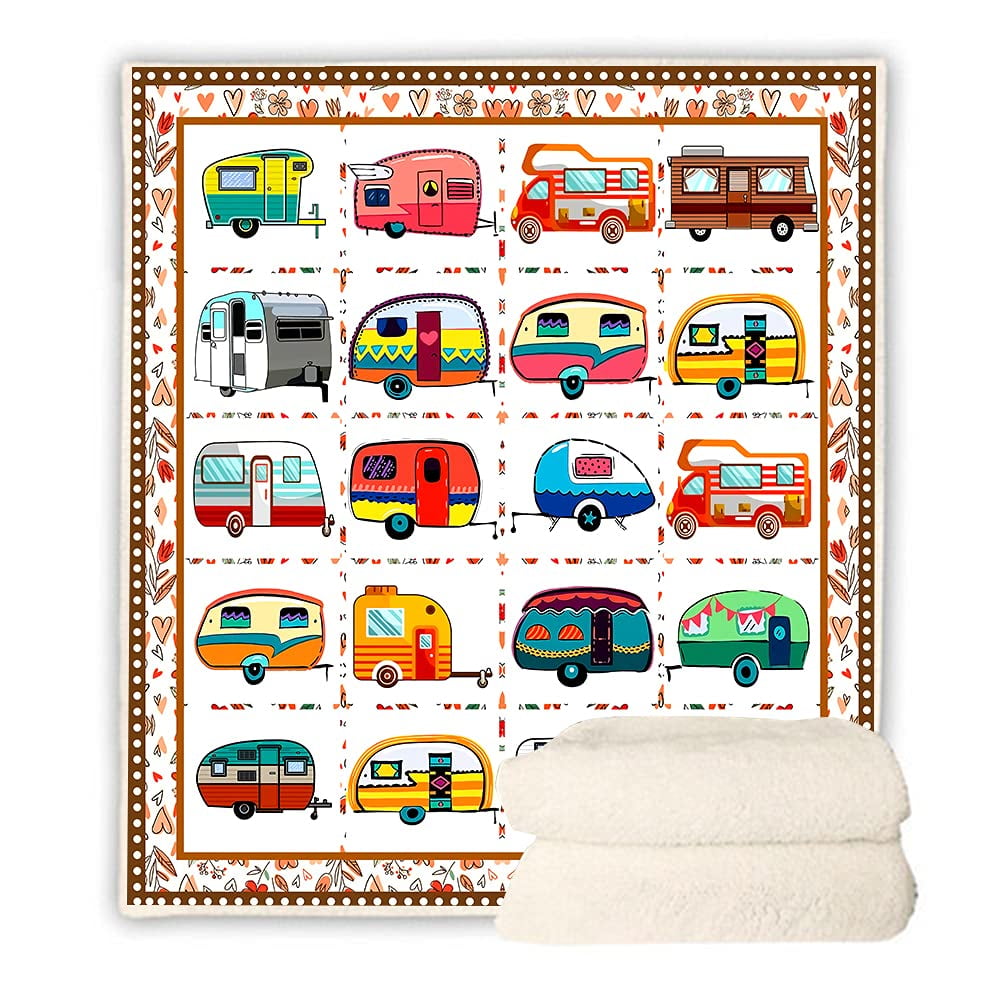 Camping Blanket Retro Bus Camper Decor Sherpa Blanket Happy Camping