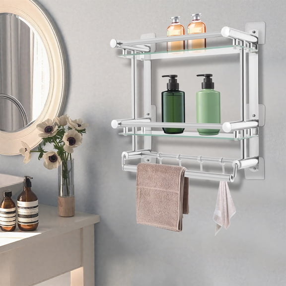 2-Tier Bathroom Shelf Tempered Glass Floating Shelves Wall Mounted Stainless Steel Rack