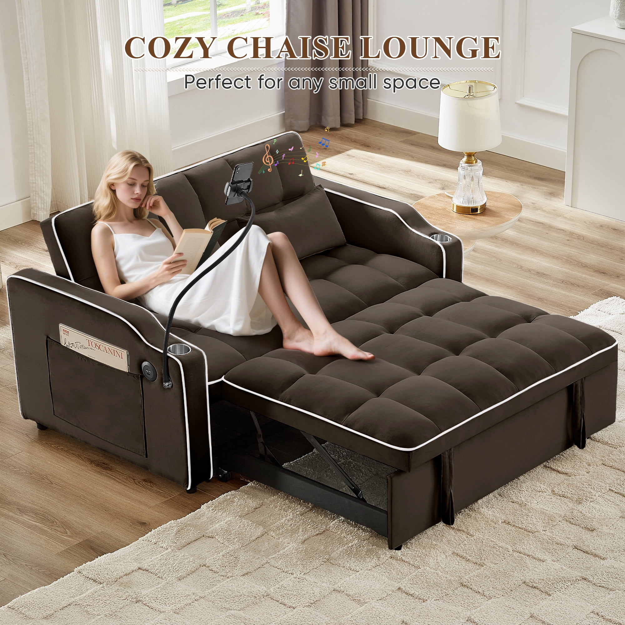Lunale 4-in-1 Convertible Loveseat Sleeper, 55" Futon Sofa Bed with Phone Stand, USB, Brown Velvet