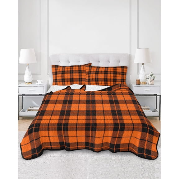 Quilts Twin Size, Burnt Orange Plaid Soft Comforter Bedding Set for Bed, Farmhouse Country Black Checkered Lightweight Quilted Bedspread with Pillow Cover(2 Pieces) for All Season, 68x86 Inch