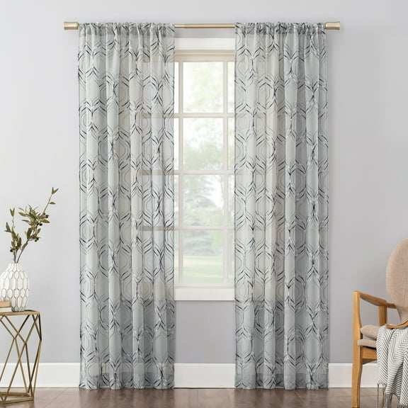 No. 918 Raina Space Dyed Trellis Embroidery Sheer Rod Pocket Curtain Panel in Harbor Blue