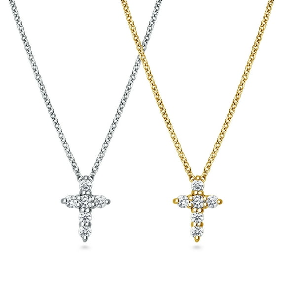 BERRICLE Sterling Silver Cross Cubic Zirconia CZ Fashion Pendant Necklace for Women, Rhodium Plated and Yellow Gold Flashed, 2 Piece