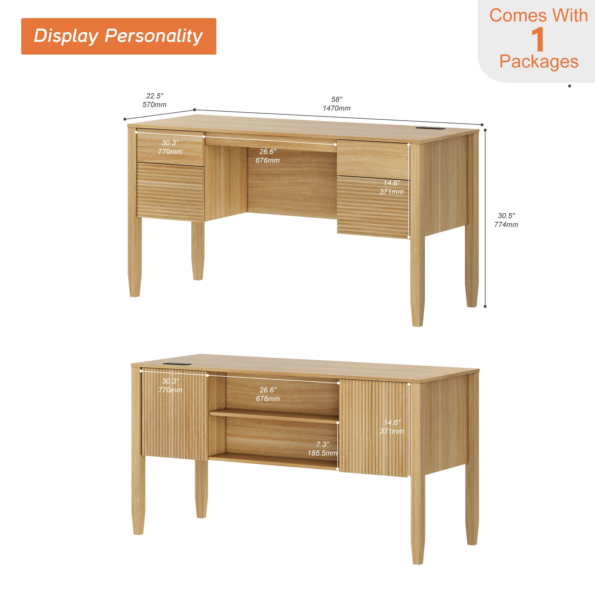 58Inch Fluted Executive Desk with Power Outlet and Doors, Modern Computer Writing Desks with Rear Storage Compartment Design, Home Office Desk with Drawers For Work And Study